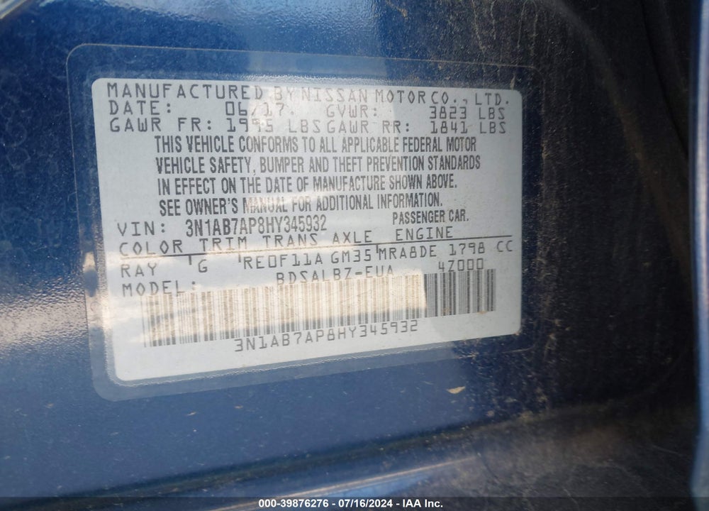 2017 NISSAN SENTRA S VIN: 3N1AB7AP8HY345932