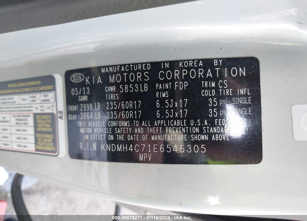 2014 KIA SEDONA EX VIN: KNDMH4C71E6546305