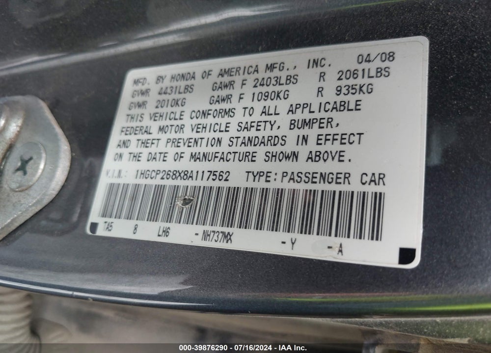 2008 HONDA ACCORD 2.4 EX-L VIN: 1HGCP268X8A117562