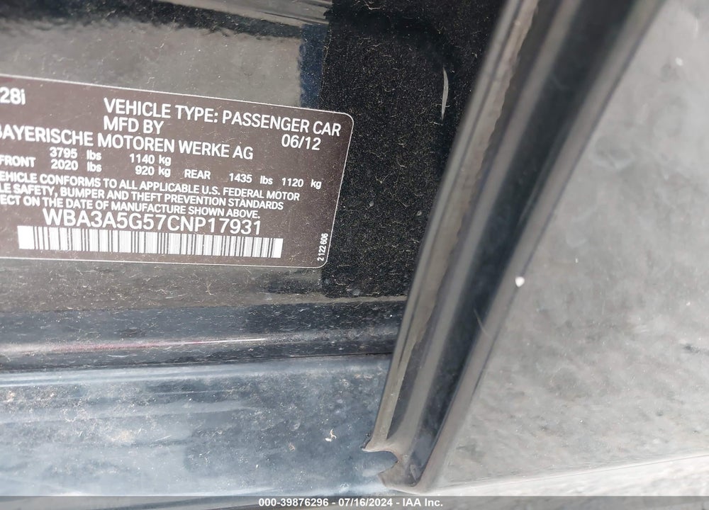 2012 BMW 328I VIN: WBA3A5G57CNP17931