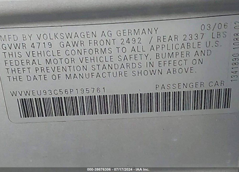 2006 VOLKSWAGEN PASSAT 3.6 VIN: WVWEU93C56P195761