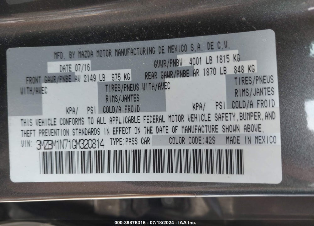 2016 MAZDA 3 I GRAND TOURING VIN: 3MZBM1N71GM320814