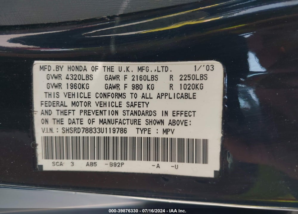 2003 HONDA CR-V VIN: SHSRD78833U119786