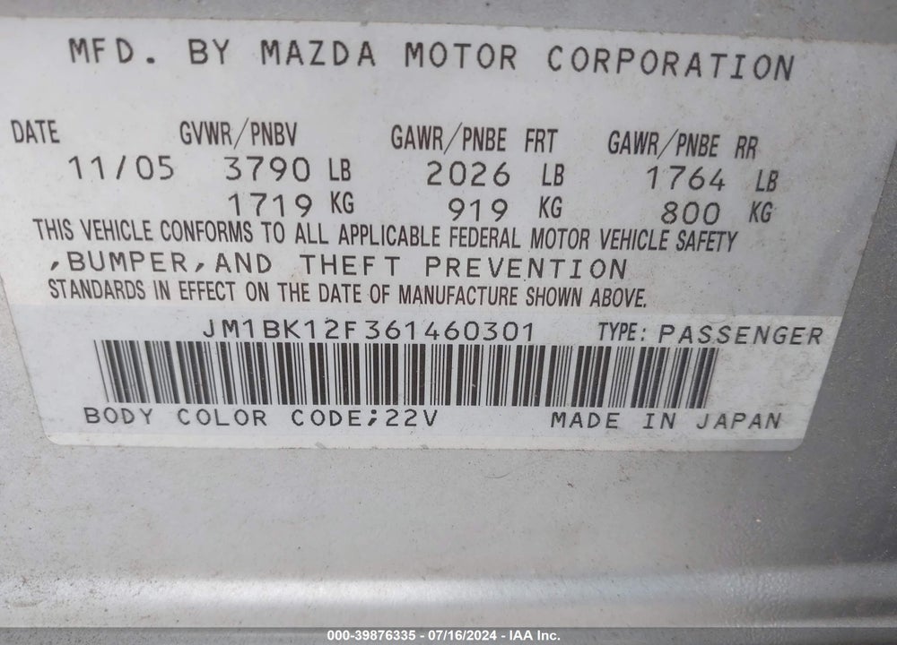 2006 MAZDA 3 I VIN: JM1BK12F361460301