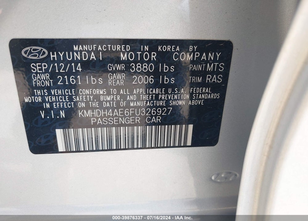 2015 HYUNDAI ELANTRA SE VIN: KMHDH4AE6FU326927