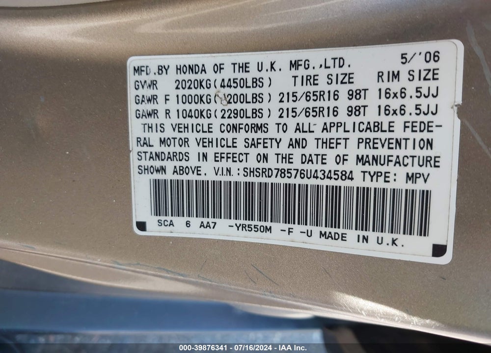 2006 HONDA CR-V LX VIN: SHSRD78576U434584