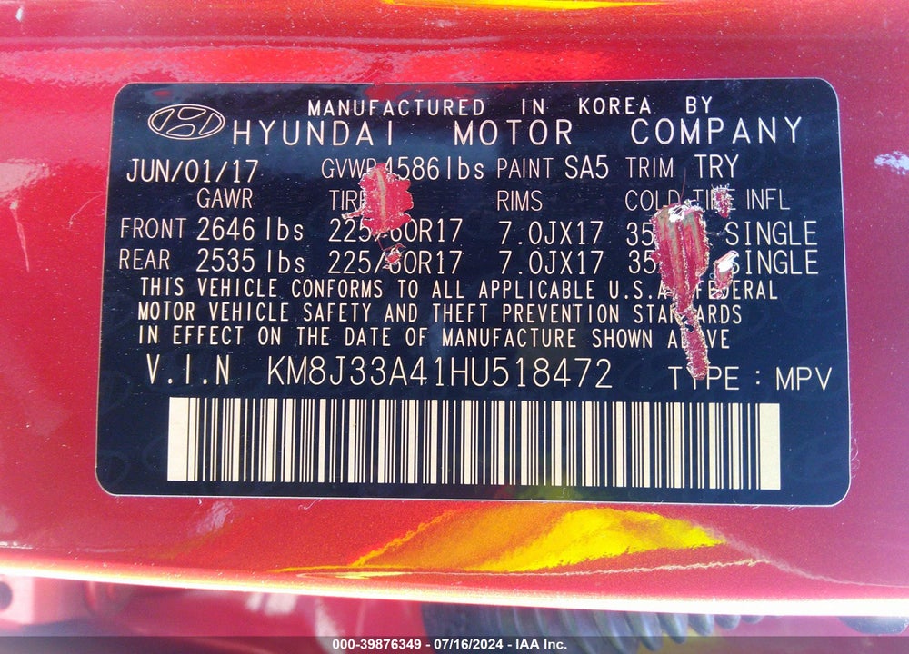 2017 HYUNDAI TUCSON SE VIN: KM8J33A41HU518472