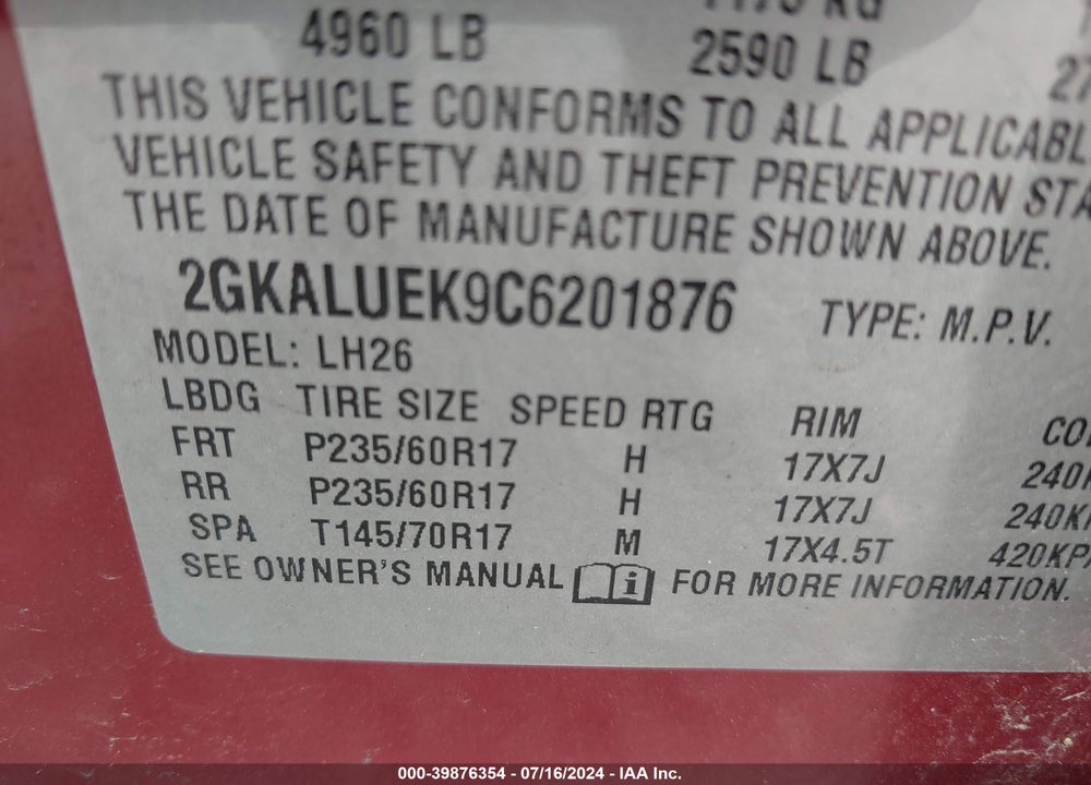 2012 GMC TERRAIN SLT-1 VIN: 2GKALUEK9C6201876