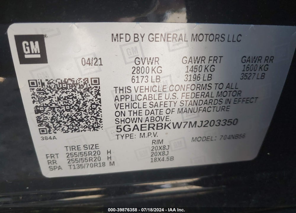 2021 BUICK ENCLAVE FWD ESSENCE VIN: 5GAERBKW7MJ203350
