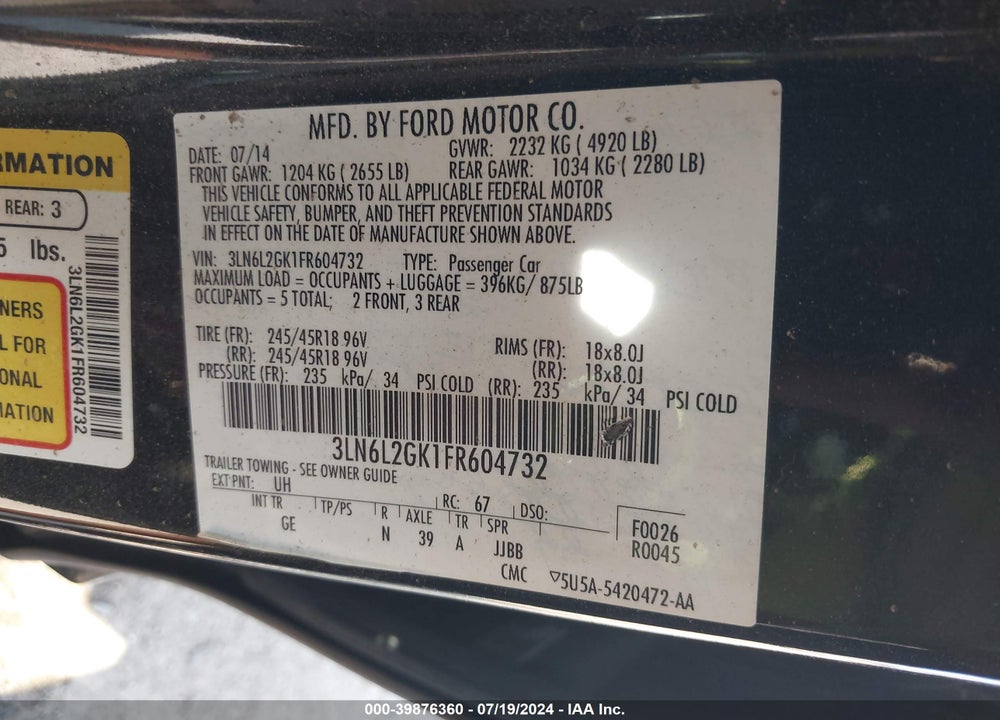 2015 LINCOLN MKZ VIN: 3LN6L2GK1FR604732
