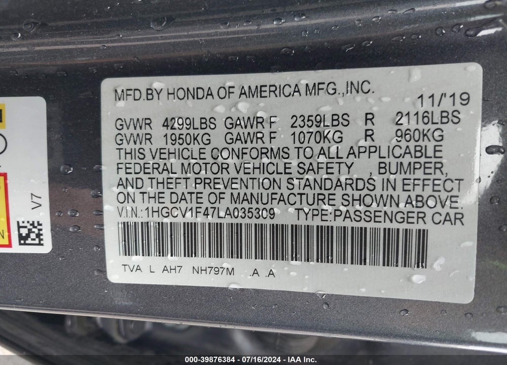 2020 HONDA ACCORD EX VIN: 1HGCV1F47LA035309