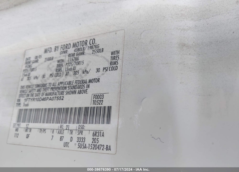 2006 FORD RANGER XL/XLT VIN: 1FTYR10D46PA07552