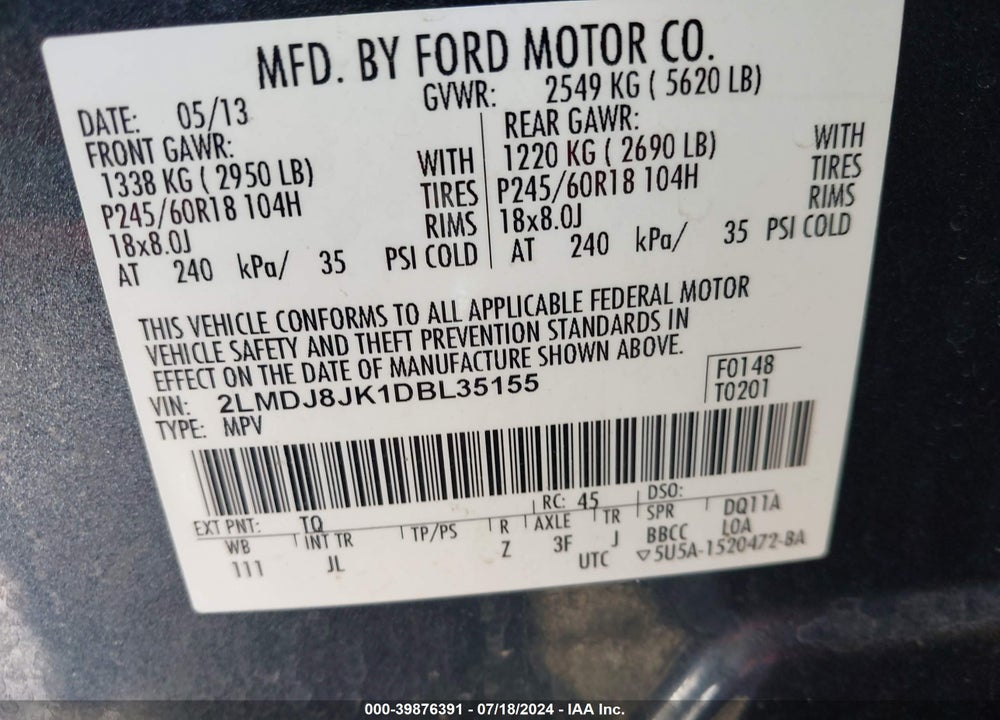 2013 LINCOLN MKX VIN: 2LMDJ8JK1DBL35155