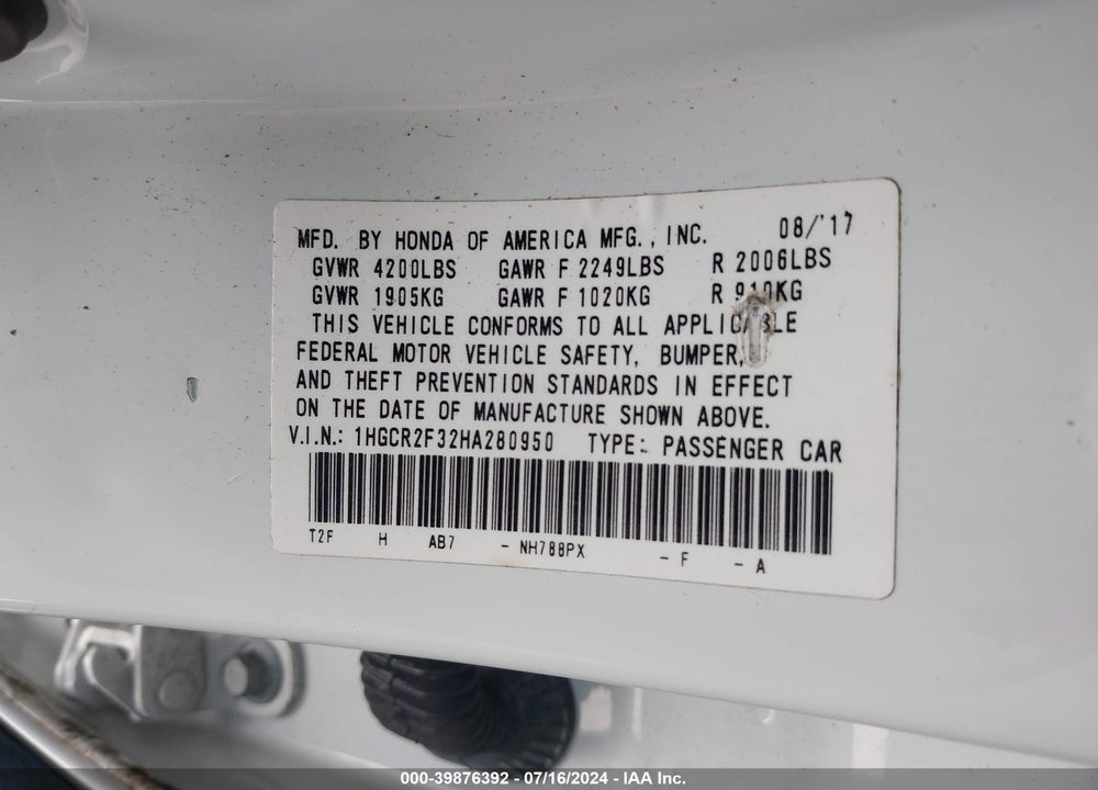 2017 HONDA ACCORD VIN: 1HGCR2F32HA280950