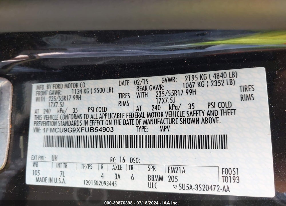 2015 FORD ESCAPE SE VIN: 1FMCU9G9XFUB54903