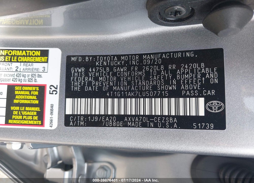 2020 TOYOTA CAMRY SE VIN: 4T1G11AK7LU507715