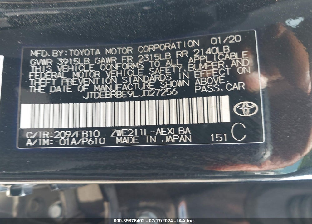 2020 TOYOTA COROLLA HYBRID LE VIN: JTDEBRBE9LJ027256