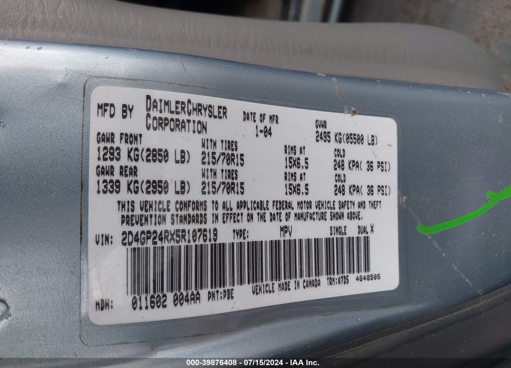 2005 DODGE GRAND CARAVAN SE VIN: 2D4GP24RX5R107619