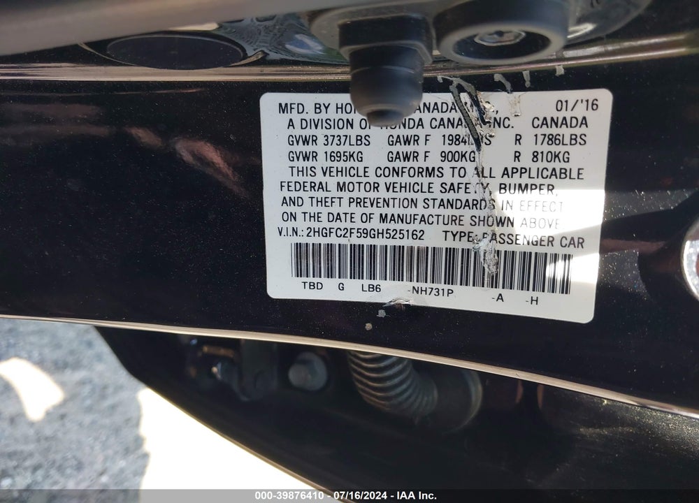 2016 HONDA CIVIC LX VIN: 2HGFC2F59GH525162