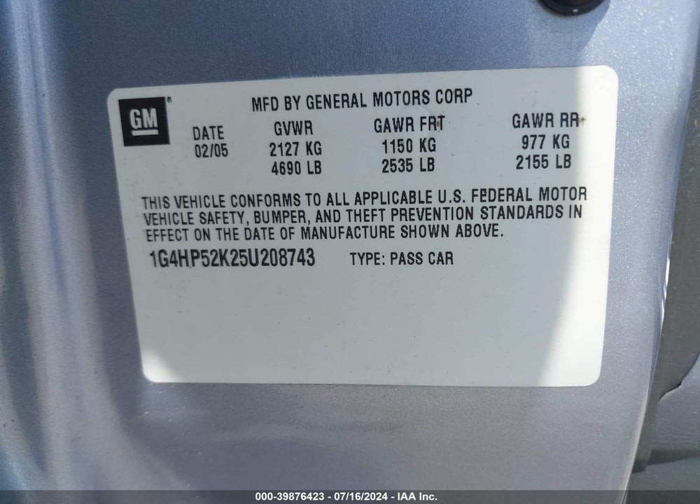 2005 BUICK LESABRE CUSTOM VIN: 1G4HP52K25U208743