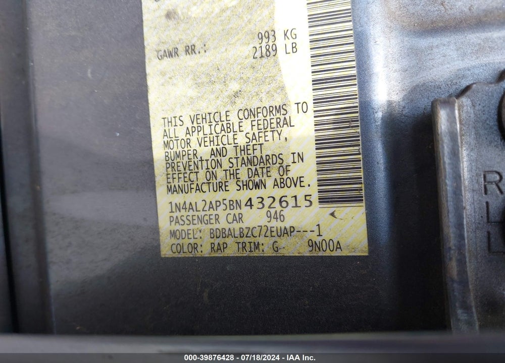 2011 NISSAN ALTIMA 2.5 S VIN: 1N4AL2AP5BN432615