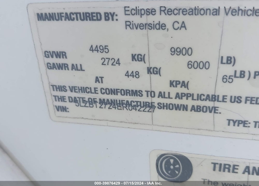 2014 ECLIPSE STELLER VIN: 5LZBT2724ER042227