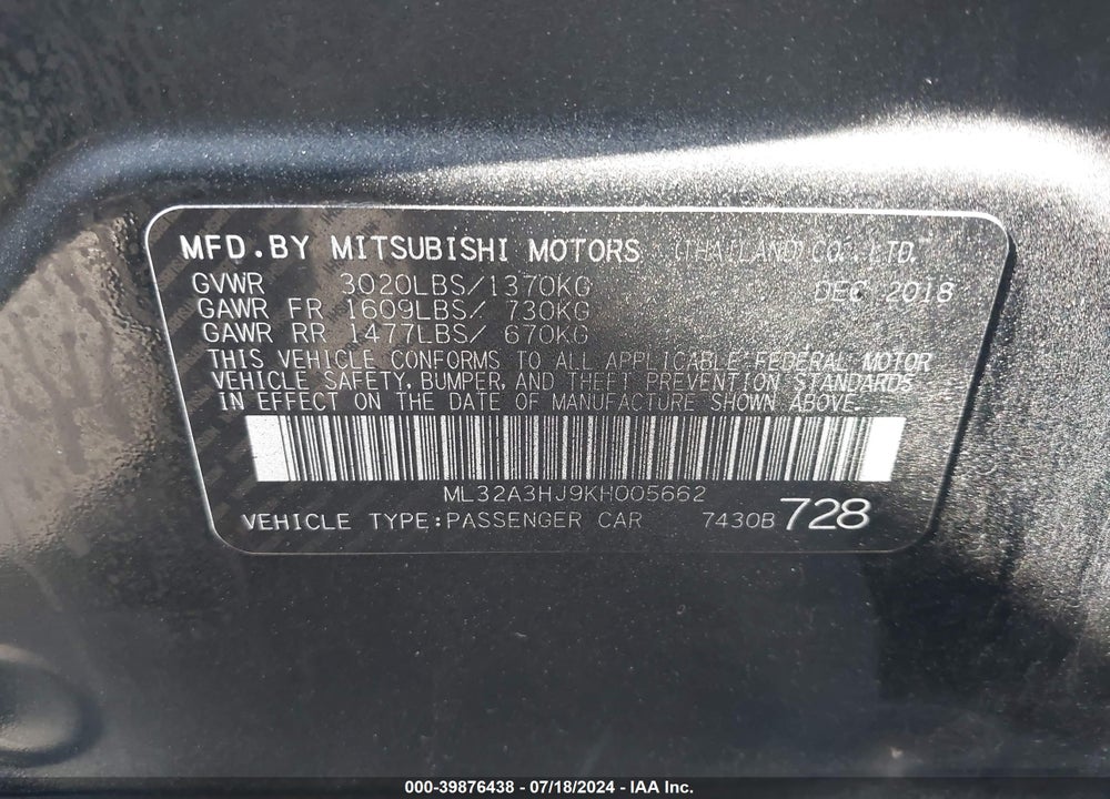 2019 MITSUBISHI MIRAGE RF VIN: ML32A3HJ9KH005662