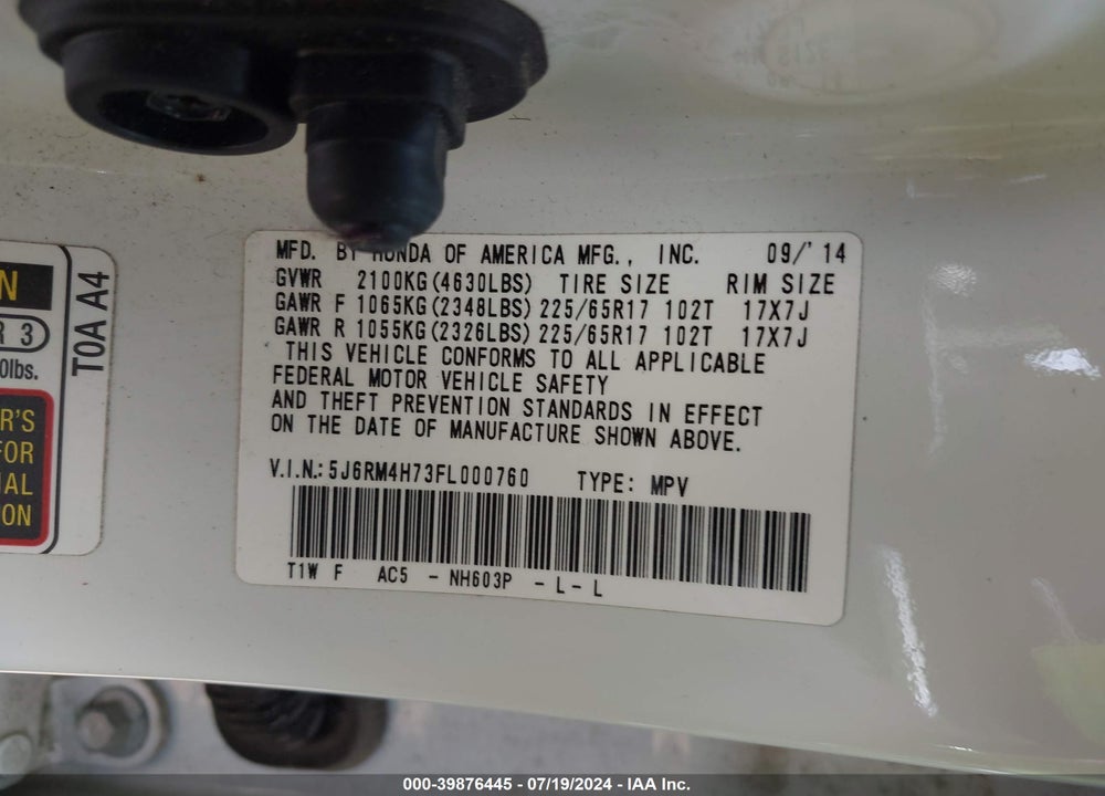 2015 HONDA CR-V EX-L VIN: 5J6RM4H73FL000760