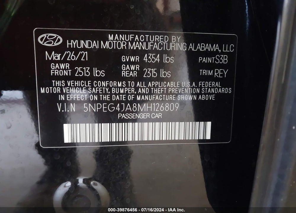 2021 HYUNDAI SONATA SE VIN: 5NPEG4JA8MH126809