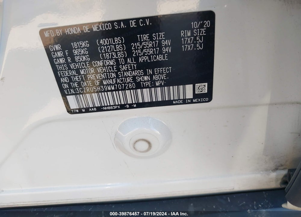 2021 HONDA HR-V 2WD LX VIN: 3CZRU5H39MM707280