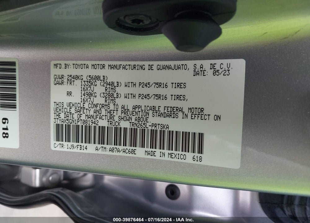 2023 TOYOTA TACOMA SR VIN: 3TYAX5GN1PT081942