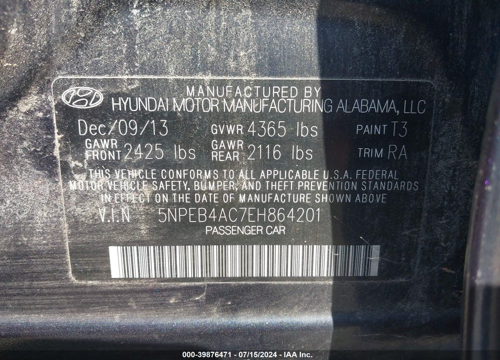 2014 HYUNDAI SONATA GLS VIN: 5NPEB4AC7EH864201