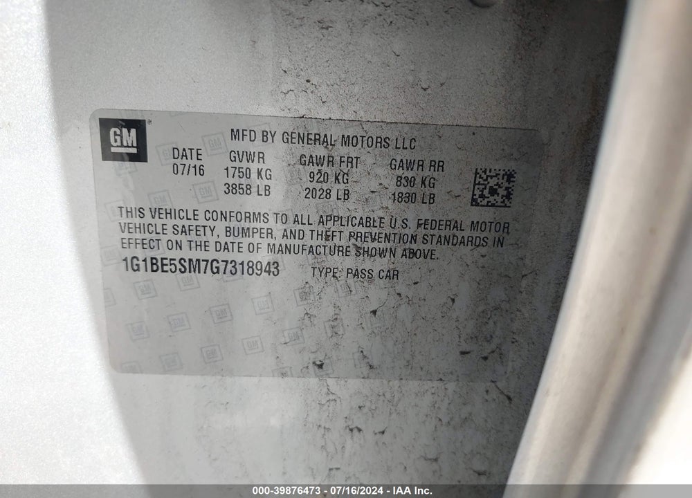 2016 CHEVROLET CRUZE VIN: 1G1BE5SM7G7318943