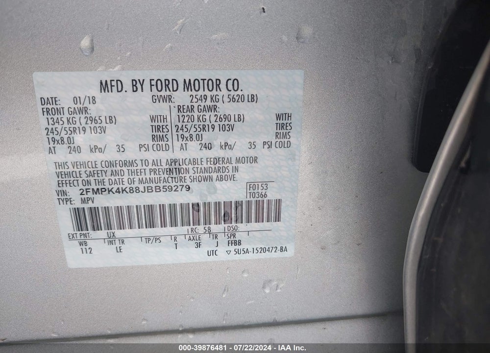 2018 FORD EDGE TITANIUM VIN: 2FMPK4K88JBB59279