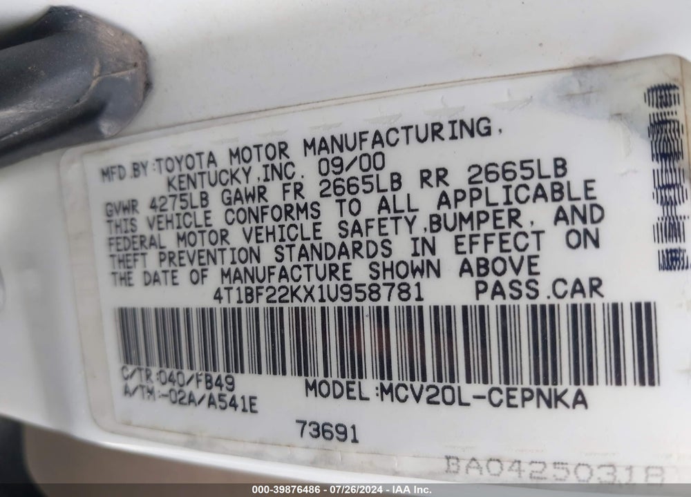 2001 TOYOTA CAMRY LE V6 VIN: 4T1BF22KX1U958781