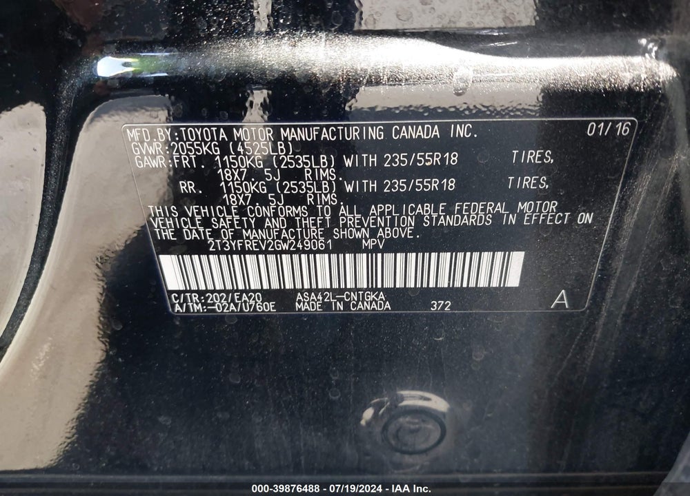 2016 TOYOTA RAV4 LIMITED VIN: 2T3YFREV2GW249061