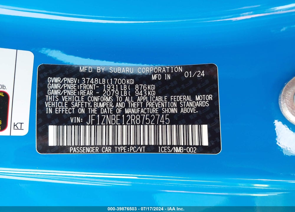 2024 TOYOTA GR86 PREMIUM VIN: JF1ZNBE12R8752745