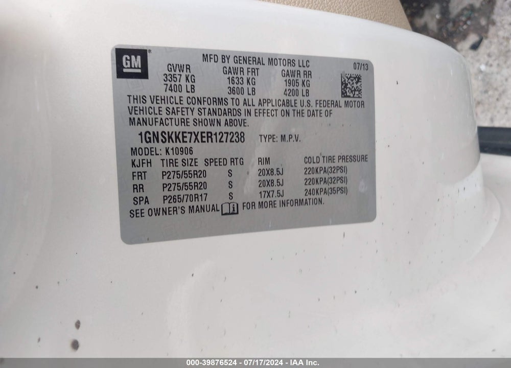 2014 CHEVROLET SUBURBAN 1500 LTZ VIN: 1GNSKKE7XER127238