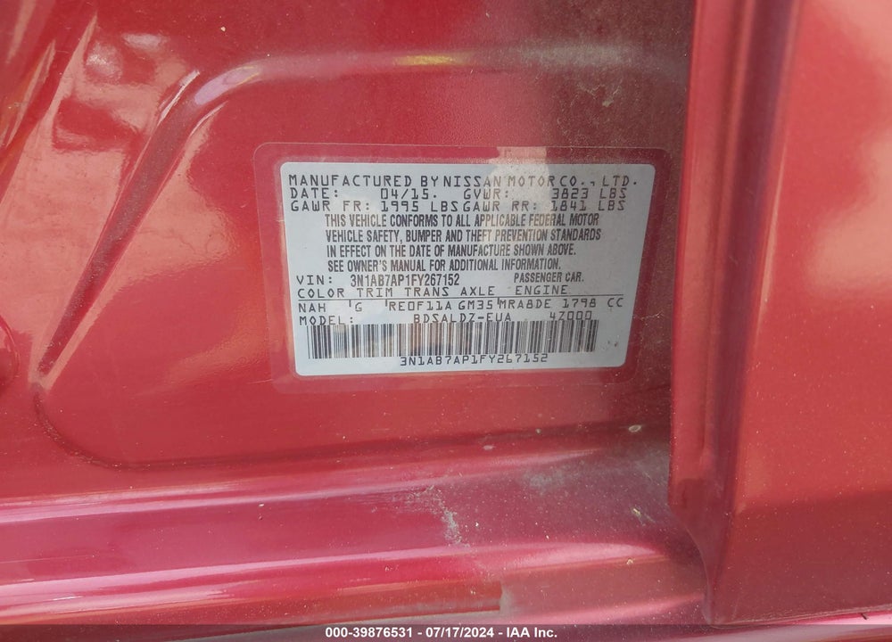 2015 NISSAN SENTRA FE+ S/S/SL/SR/SV VIN: 3N1AB7AP1FY267152