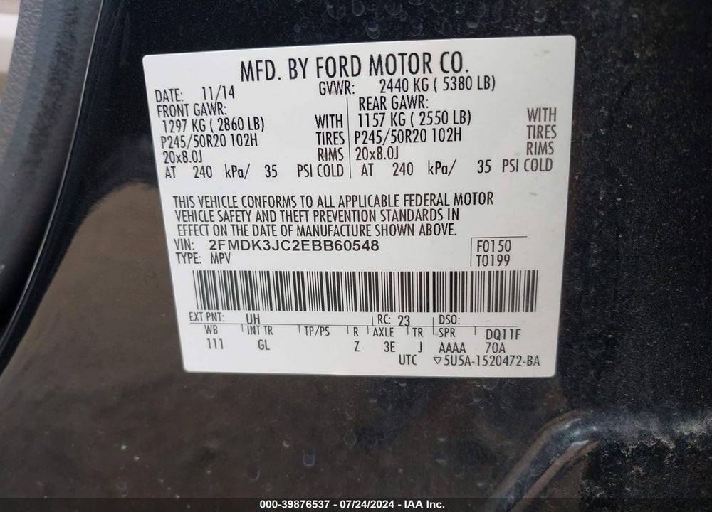 2014 FORD EDGE SEL VIN: 2FMDK3JC2EBB60548