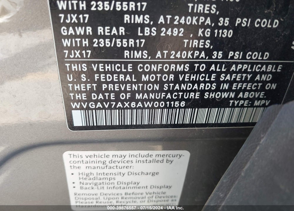 2010 VOLKSWAGEN TIGUAN SE VIN: WVGAV7AX6AW001156