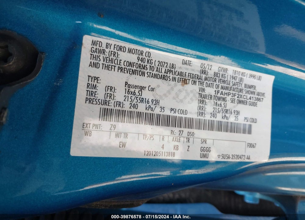 2012 FORD FOCUS SE VIN: 1FAHP3F2XCL413867