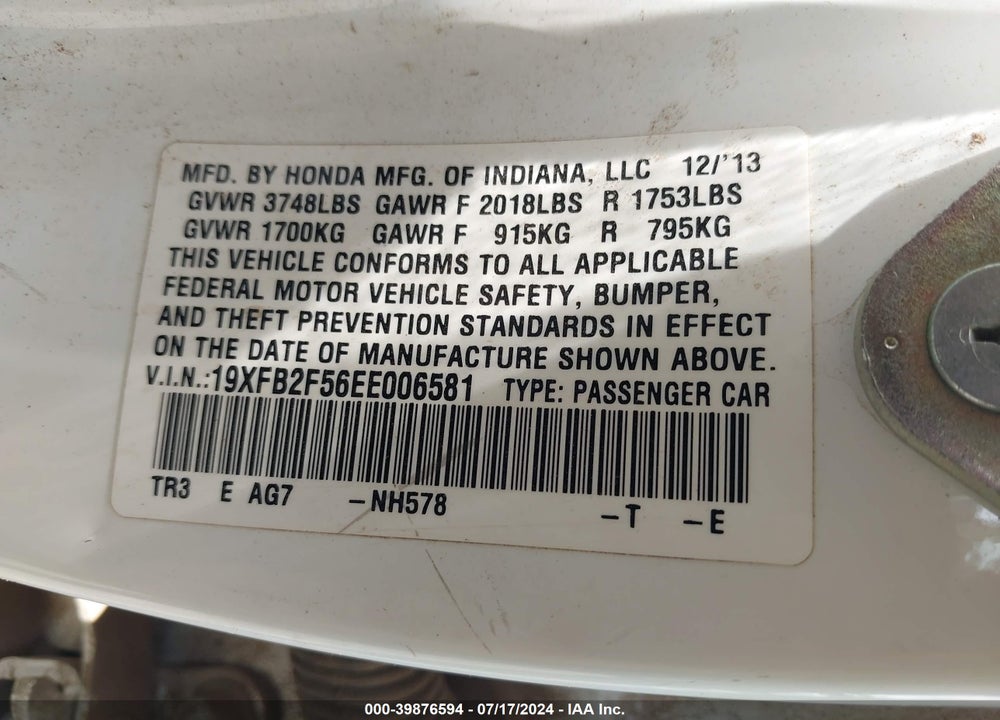 2014 HONDA CIVIC LX VIN: 19XFB2F56EE006581