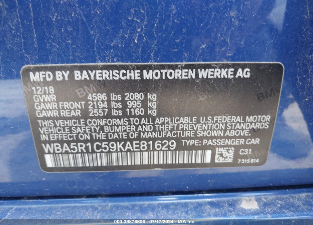 2019 BMW 330I VIN: WBA5R1C59KAE81629
