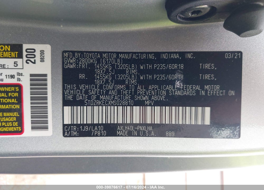 2021 TOYOTA SIENNA LIMITED VIN: 5TDZRKECXMS028810