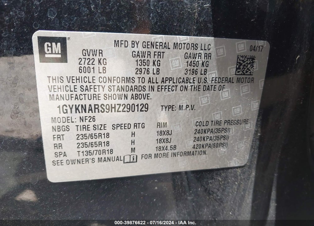 2017 CADILLAC XT5 STANDARD VIN: 1GYKNARS9HZ290129
