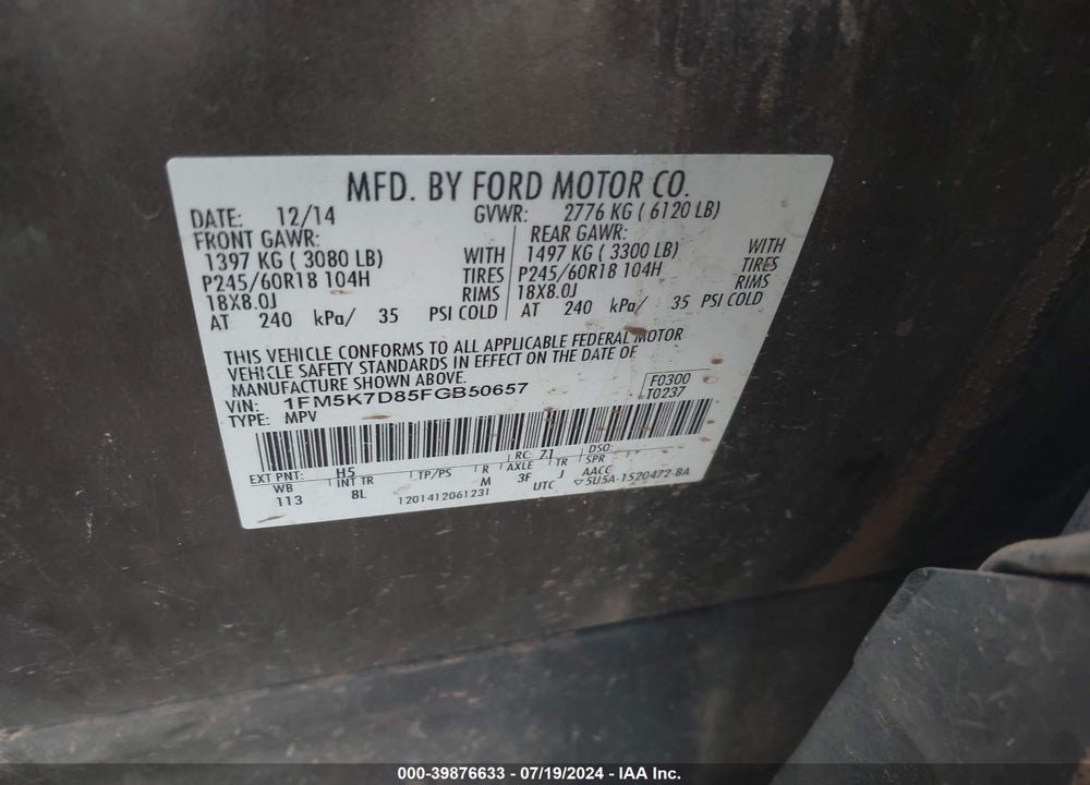 2015 FORD EXPLORER XLT VIN: 1FM5K7D85FGB50657