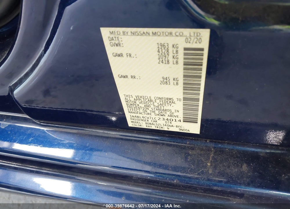 2020 NISSAN ALTIMA SR FWD VIN: 1N4BL4CV7LC234014
