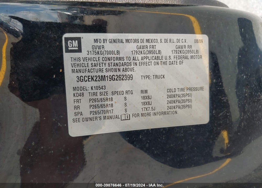 2009 CHEVROLET SILVERADO 1500 LT VIN: 3GCEK23M19G262399