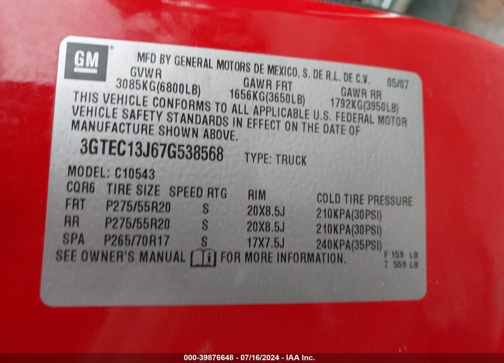 2007 GMC SIERRA 1500 SLE1 VIN: 3GTEC13J67G538568